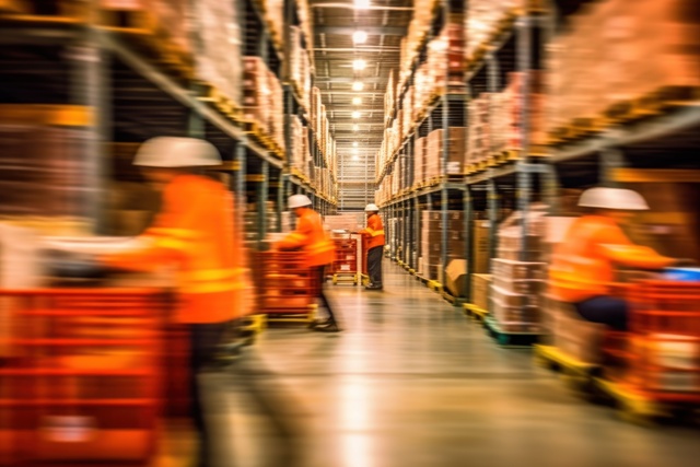 Blurred image of warehouse employees in action, moving shipping boxes efficiently. Generative AI