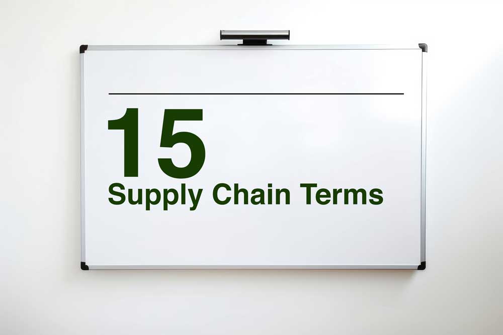 A whiteboard with "15 supply chain terms" on it.