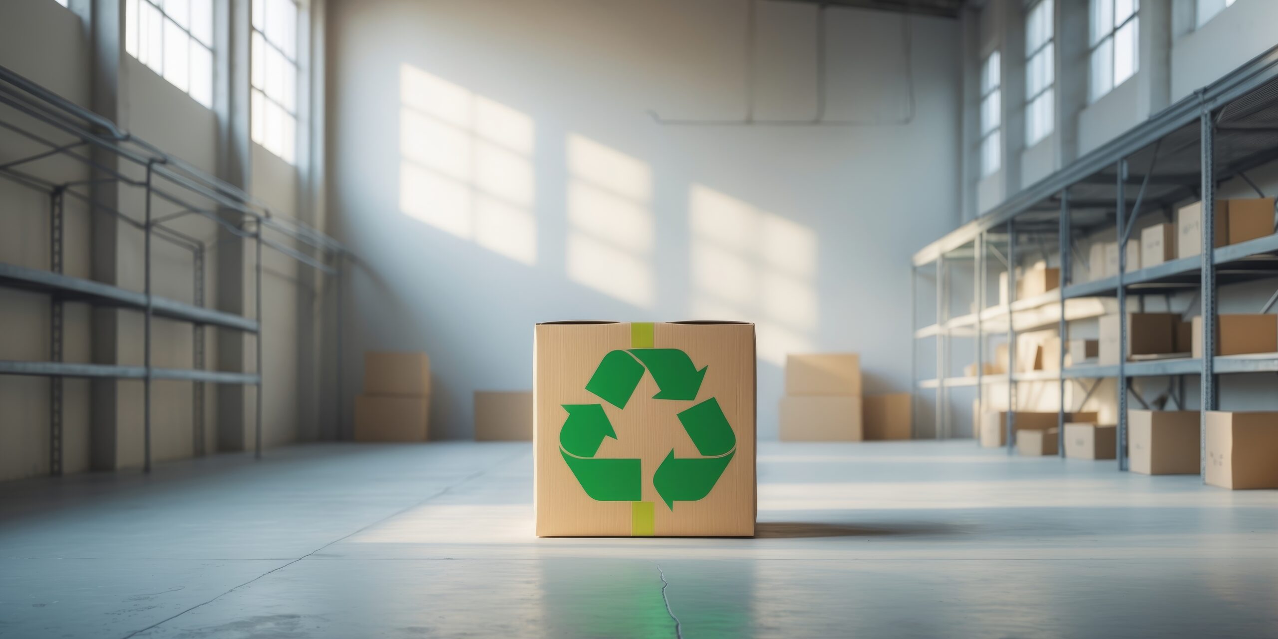Cardboard Box with Recycling Symbol in Modern Warehouse Interior