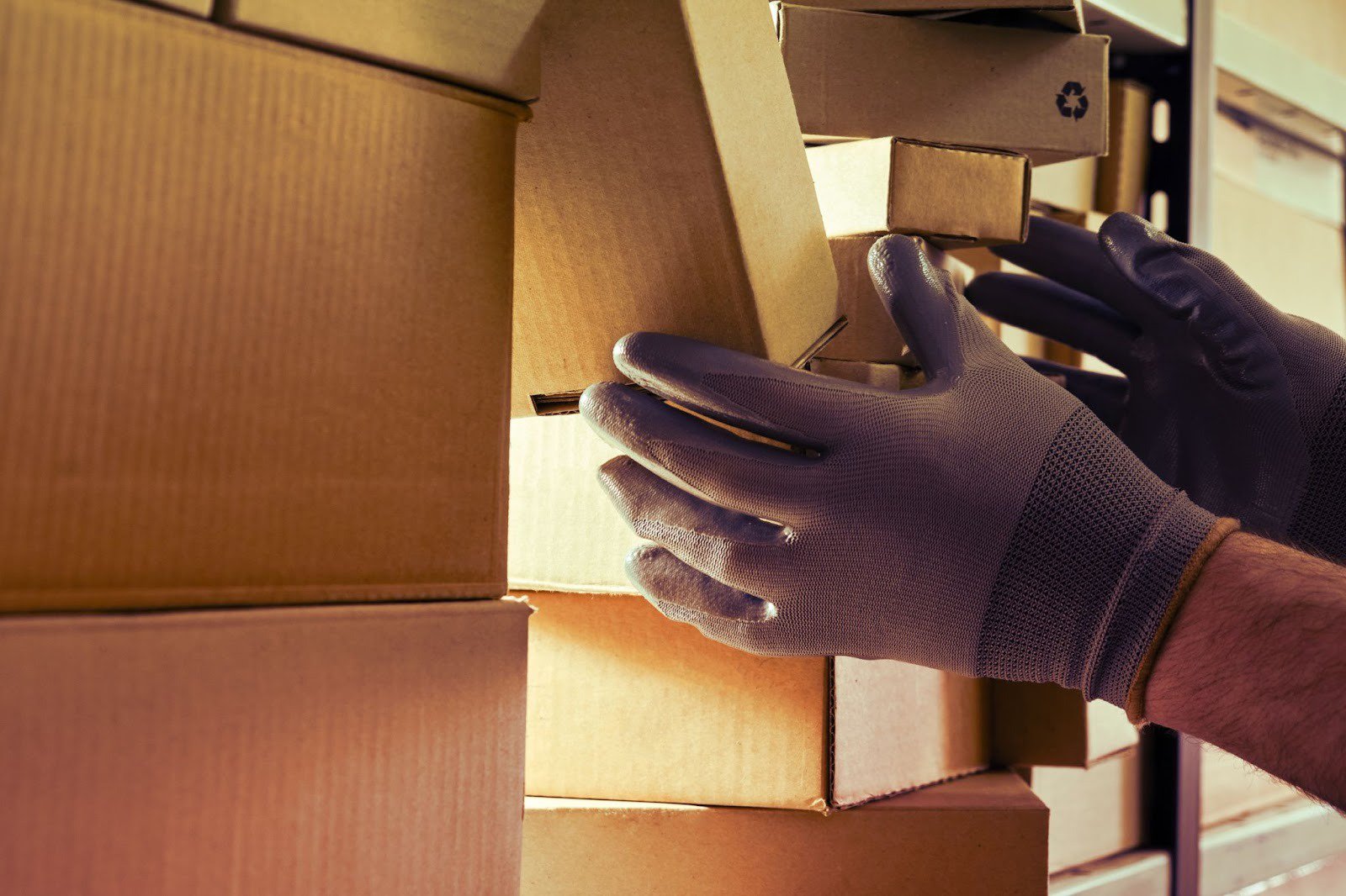 A worker man hands hold cardboard boxes on the shelves of a fully stocked warehouse. Warehouse overflowing with boxes of goods and postal parcels