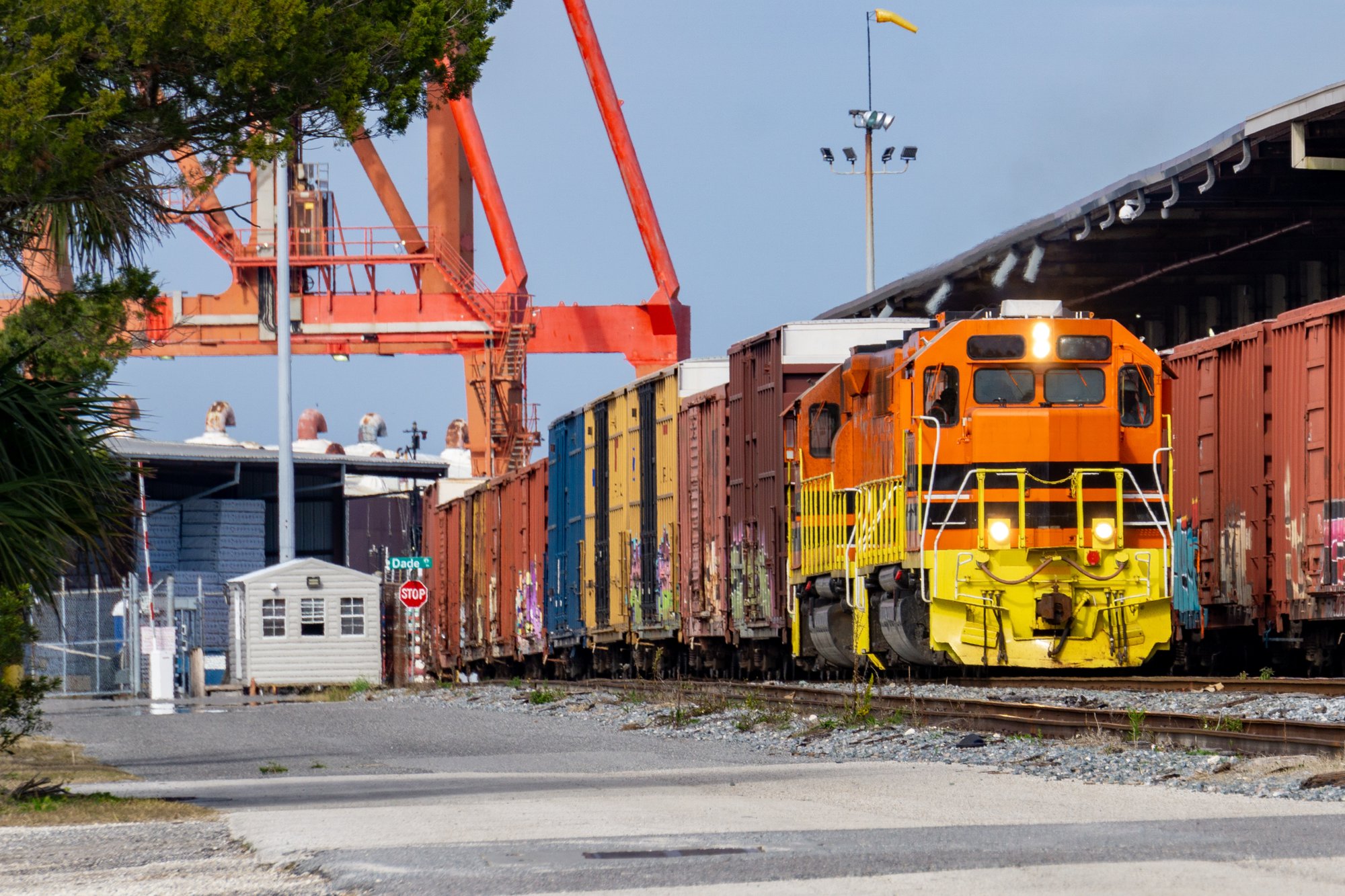 Shipping containers on train cars. Cargo containers transport on freight train by railway.