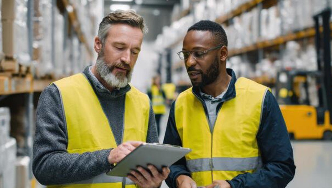 workers doing inventory on a tablet